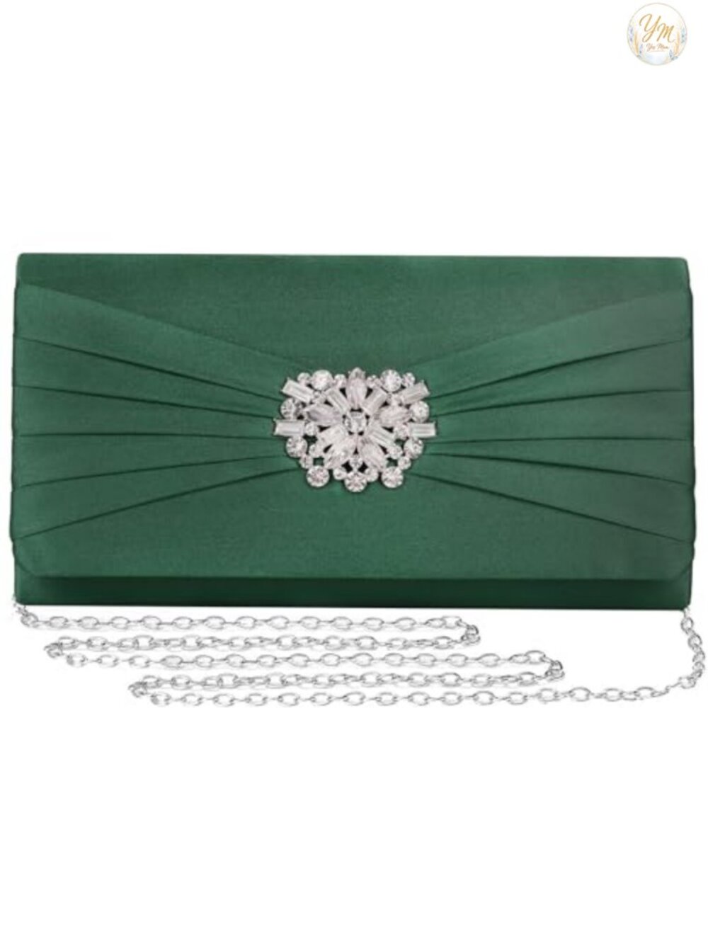 Pleated Satin Rhinestone Brooch Clutch Purse Detachable Chain Strap Evening Bag